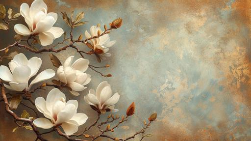 floral white magnolia flower border, wallpaper on vintage brown background, --ar 16:9 --stylize 250 --v 6.0