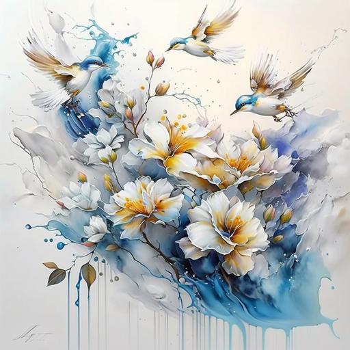 flores pequeñas, blanco,dorado,tuqrquesa,blue, pintadas a pincel,unframe, agua, no al centro, solo una flor, splash of water, palomas blancas, tematica angelical