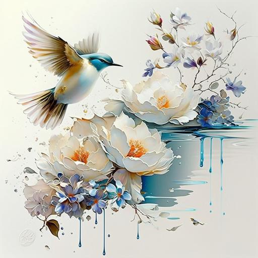 flores pequeñas, blanco,dorado,tuqrquesa,blue, pintadas a pincel,unframe, agua, no al centro, solo una flor, splash of water, palomas blancas, tematica angelical