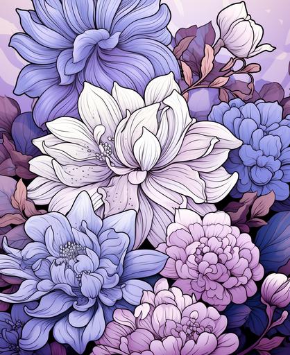 flower coloring page with a lot of flowers, in the style of ambient occlusion, layers and lines, white, soft purple soft blue, soft pink, flowing fabrics, large canvases, elegant inking techniques, sigma 105mm f/1.4 dg hsm art --s 80 --ar 9:11