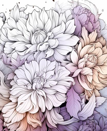 flower coloring page with a lot of flowers, in the style of ambient occlusion, layers and lines, soft white soft purple soft blue, soft pink, flowing fabrics, large canvases, elegant inking techniques, sigma 105mm f/1.4 dg hsm art --s 20 --ar 9:11