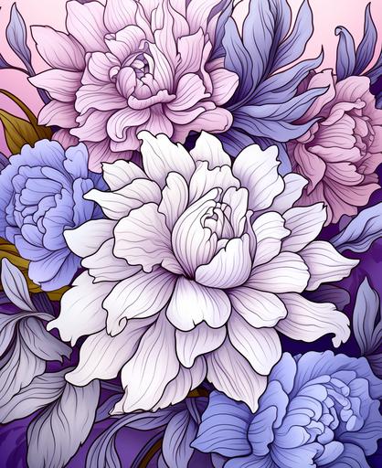 flower coloring page with a lot of flowers, in the style of ambient occlusion, layers and lines, some white flowers, soft purple soft blue, soft pink, flowing fabrics, large canvases, elegant inking techniques, sigma 105mm f/1.4 dg hsm art --s 80 --ar 9:11