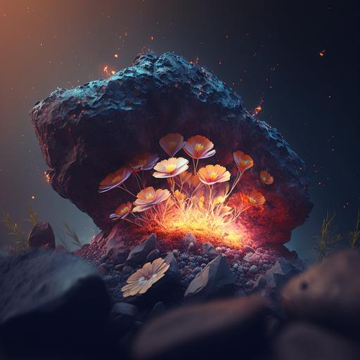 flower field on fire with sparks in the air fire particle witch stone and rock fire macro view flower glowing light long exposure v ray render ultra photo realistic