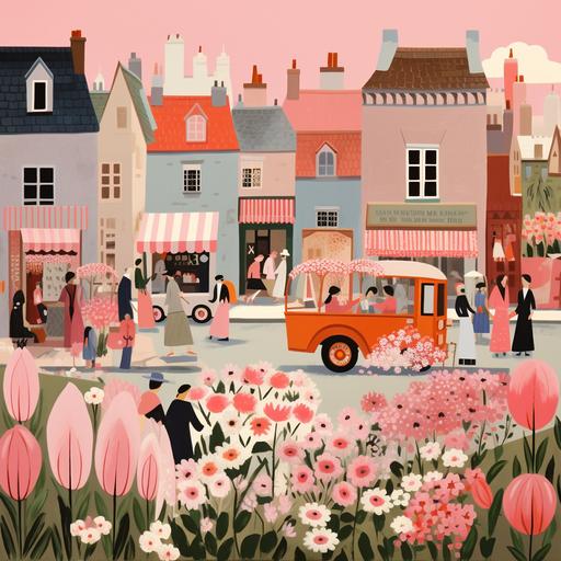 flower market spring / summer print 12x12, in the style of cinquecento, pink, figurative work, spectacular backdrops, i can't believe how beautiful this is, animated illustrations, traditional british landscapes, surreal minimalism