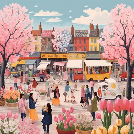 flower market spring / summer print 12x12, in the style of cinquecento, pink, figurative work, spectacular backdrops, i can't believe how beautiful this is, animated illustrations, traditional british landscapes, surreal minimalism