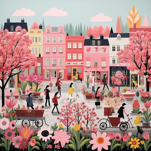 flower market spring / summer print 12x12, in the style of cinquecento, pink, figurative work, spectacular backdrops, i can't believe how beautiful this is, animated illustrations, traditional british landscapes, surreal minimalism