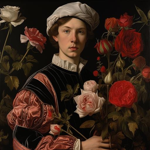 flower-painter gardeners, adire roses, Neo-mosaic surrealism, heart card costumes, dark white and crimson, splashes, giant petal paint brushes, Hans Holbein the Younger