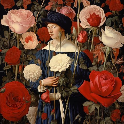 flower-painter gardeners, adire roses, Neo-mosaic surrealism, heart card costumes, dark white, indigo, and crimson, splashes, giant petal paint brushes, Hans Holbein the Younger