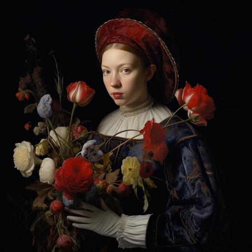 flower-painter gardeners, adire roses, Neo-mosaic surrealism, heart card costumes, dark white, indigo, and crimson, splashes, giant petal paint brushes, Hans Holbein the Younger