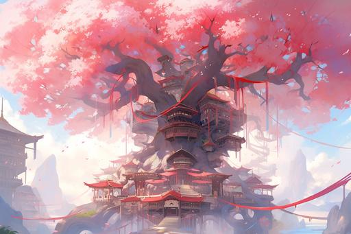 flowering tree, treehouse, flowers, temple in a tree. white, pink, red --niji 5 --ar 3:2