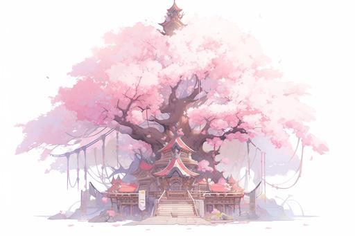 flowering tree, treehouse, flowers, temple in a tree. white, pink --niji 5 --ar 3:2