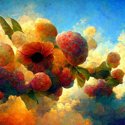 flowers and fruit abstract art in sky