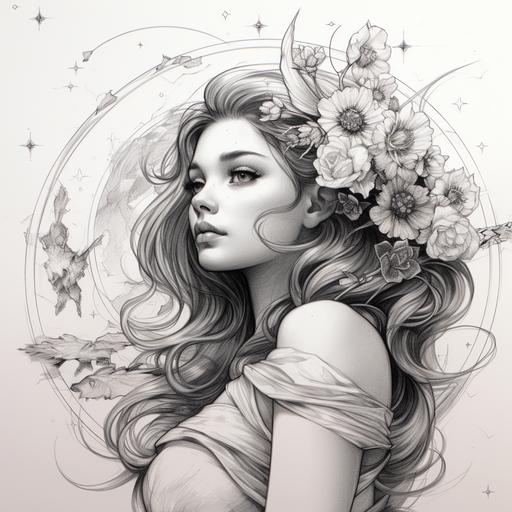flowers, arrows with a girl, animals, Sagittarius by sign, moon, stars, planet, pencil sketch, 4k detail