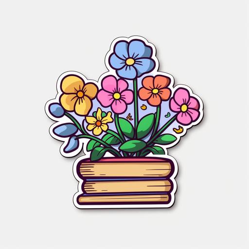 flowers growing out of an opened book, cartoon look, sticker, cut out sticker style