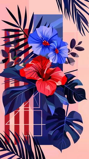 flowers, monstera and graphic geometric shapes, red, blue, deep purple, in a frame with stripes, squares and triangles, simple, modern, pink background --v 6.0 --ar 9:16