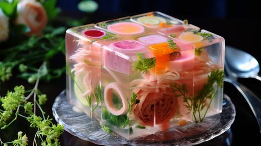 flowers, vegetables and roast chicken in a jelly cube, like a aspic. It's dinner time at 1960's!!!! --ar 16:9