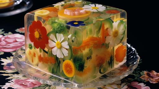 flowers, vegetables and roast chicken in a jelly cube, like a aspic. It's dinner time at 1960's!!!! --ar 16:9