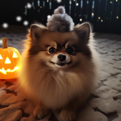 fluffy Pomeranian dressed, Halloween, with bat wings, a little witch's hat, candle-lit, o'-lanterns, the scene, Shadows and moonlight cast