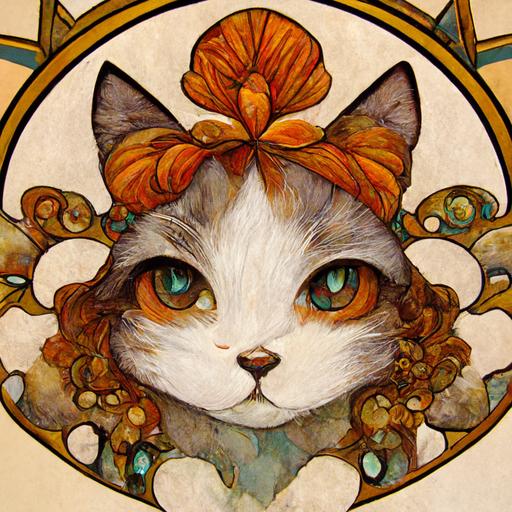 fluffy calico cat mucha style art nouveau, hyper detailed, clean
