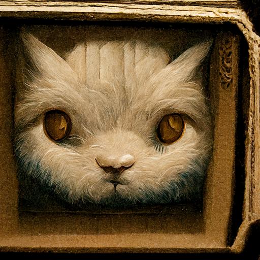 fluffy cat in a cardboard box, baroque, detail