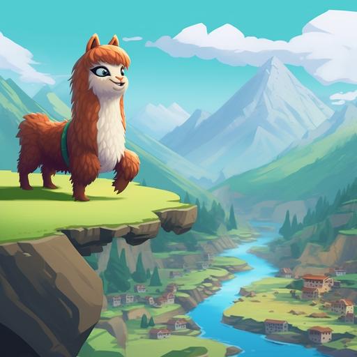fluffy cheerful alpaca cartoon jumping on stones over the Urubamba River with the Peruvian Andes and Inca ruins in the background of the landscape. Cartoon style and same alpaca character in the first image. --seed 649625203