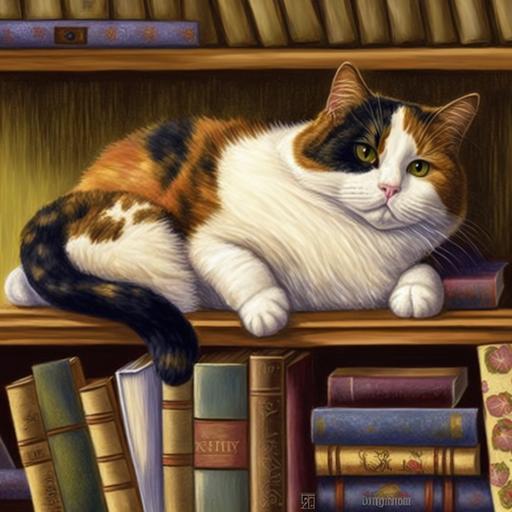 fluffy chunky calico cat laying on a tall bookshelf with a variety of books in charles wysocki style --v 4