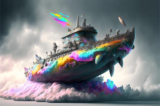 fluffy rainbow cat on spaceship :: in digital style,futurism style very detailed, photorealistic, cartoon, ice, iceberg, rainbow clouds, smoke, waves, water, highlight :: HDR --v 4 --stylize 1000 --seed 1 --s 1250 --ar 3:2