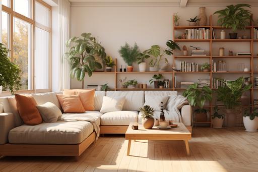 Subject: cozy living room, Colors: warm tones, beige, light brown, white, Materials: hardwood floor, plush textiles, wooden accents, Greenery: indoor plants, Style: modern, comfortable design, Furniture: simple yet stylish, Camera Angle: 45-degree, Aspect Ratio: --ar 3:2