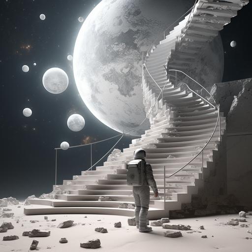 a render of a staircase where starting point is one and get divided in two different direction without landing both side net to the entry of staircase astronout in metal costume os standing as equal as the height of the staircase