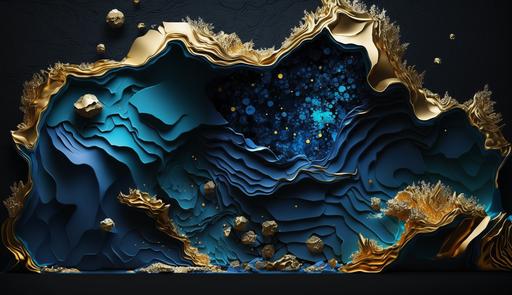 fluid of ornate stone mixed with gold shimmering glitter wallpaper photo realistic black cosmic horizon background blue light --ar 16:9