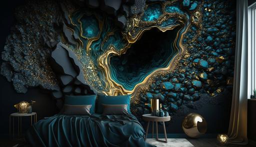 fluid of ornate stone mixed with gold shimmering glitter wallpaper photo realistic black cosmic horizon background blue light --ar 16:9