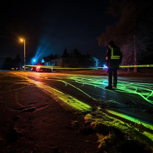 fluorescent chalk outline police crime scene photographic, night, do not cross police tape.