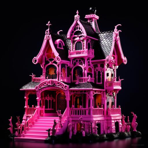 fluorescent pink gingerbread house with ornate trims , glossy black balustrade and fine trims , Tim Burton style --weird 1500 --s 400 --v 5.1