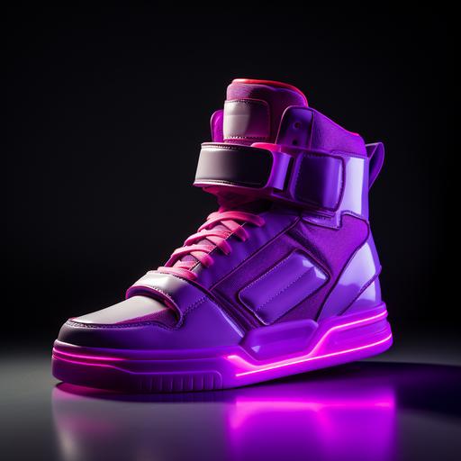 fluorescent purple high-top sneakers with Velcro, with glowing neon soles