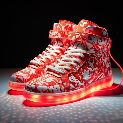 fluorescent red high-top sneakers with Velcro, with glowing neon soles, white floral stitching --no nike