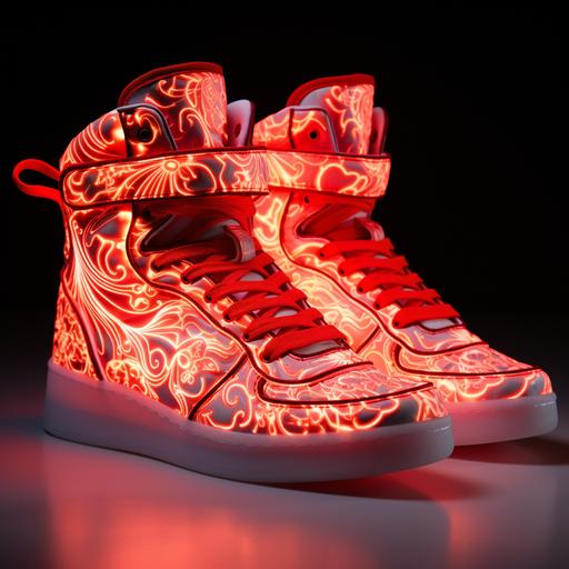 fluorescent red high-top sneakers with Velcro, with glowing neon soles, white floral stitching