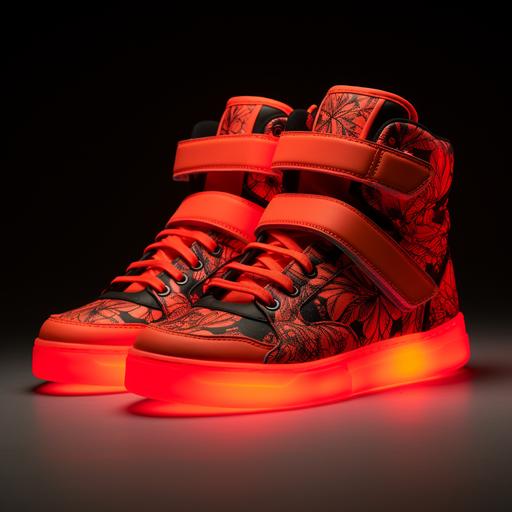 fluorescent red high-top sneakers with Velcro, with glowing neon soles, black floral stitching