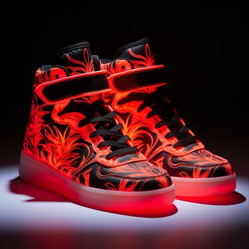 fluorescent red high-top sneakers with Velcro, with glowing neon soles, black floral stitching