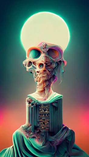 3d rendered ancient greek pedastal statue of a skeleton by AK-巴比索, trending on artstation ::3 grainy retro wonderful illustration, intricate complexity::3 occult propaganda::2 dread, fear::0.5 zappy holographic multicolored swirling grid fractal reactor, trending on artstation ::1 purple and black 80s detailed art::1 --h 440