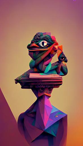 3d rendered ancient greek pedastal statue of the low poly Pepe by AK-巴比索, trending on artstation ::3 grainy retro wonderful illustration, intricate complexity::3 occult propaganda::2 dread, fear::0.5 zappy holographic multicolored swirling grid fractal reactor, trending on artstation ::1 purple and black 80s detailed art::1 --h 440