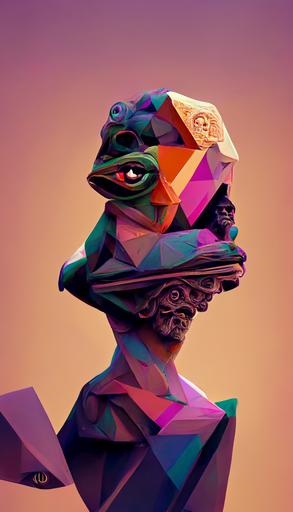 3d rendered ancient greek pedastal statue of the low poly Pepe by AK-巴比索, trending on artstation ::3 grainy retro wonderful illustration, intricate complexity::3 occult propaganda::2 dread, fear::0.5 zappy holographic multicolored swirling grid fractal reactor, trending on artstation ::1 purple and black 80s detailed art::1 --h 440