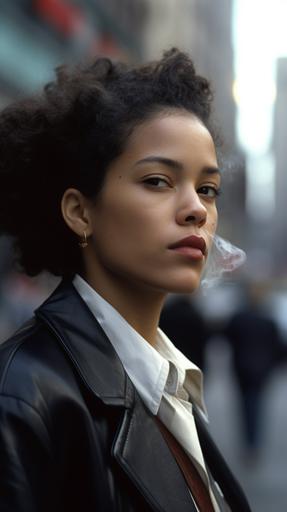 A metropolitan girl, pretty, elegant, smoking a cigarette, executive, walks down the street empowered, multiracial, photorealism, big city background, successful, 35mm, award-winning photography, --ar 9:16 --q 5 --v 5