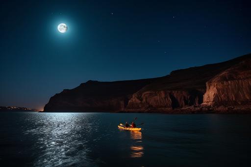 3 kayaks rowing around a headland at night, full moon, moonlight on sea, happy scene, positive, dark cliffs, photographic, realistic, adventurous --ar 3:2 --v 5