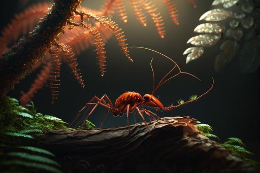 side view of a sad red ant spread with Cordyceps climbing to the highest branch in the deepest part of the forest, 35mm lens, photographic, full color, photo - realism, uhd, hdr, ultra details, octane render --v 4 --q 2 --ar 3:2
