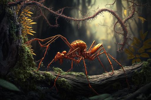 side view of a sad red ant spread with Cordyceps climbing to the highest branch in the deepest part of the forest, 35mm lens, photographic, full color, photo - realism, uhd, hdr, ultra details, octane render --v 4 --q 2 --ar 3:2