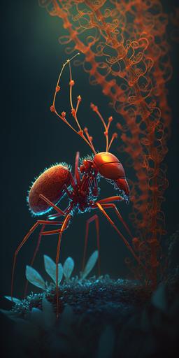 side-view of a sad red ant with Cordyceps head mushroom climbing to the highest branch in the deepest part of the forest, 35mm lens, photographic, full color, photo - realism, uhd, hdr, ultra details, octane render --v 4 --q 5 --ar 1:2