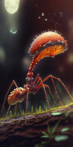 side-view of a sad red ant with Cordyceps head mushroom climbing to the highest branch in the deepest part of the forest, 35mm lens, photographic, full color, photo - realism, uhd, hdr, ultra details, octane render --v 4 --q 5 --ar 1:2