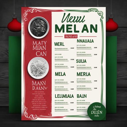 flyer for modern daily menu italian restaurant; which displays the menu of Monday, Tuesday, Wednesday, Thursday and Friday in red, white, green, black, gray color;