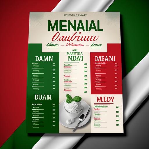 flyer for modern daily menu italian restaurant; which displays the menu of Monday, Tuesday, Wednesday, Thursday and Friday in red, white, green, black, gray color;