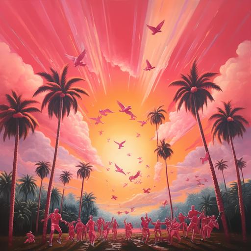flying angels soccer team, pink sky, surreal painting, Los Angeles, Palm tree, sun rays, painting